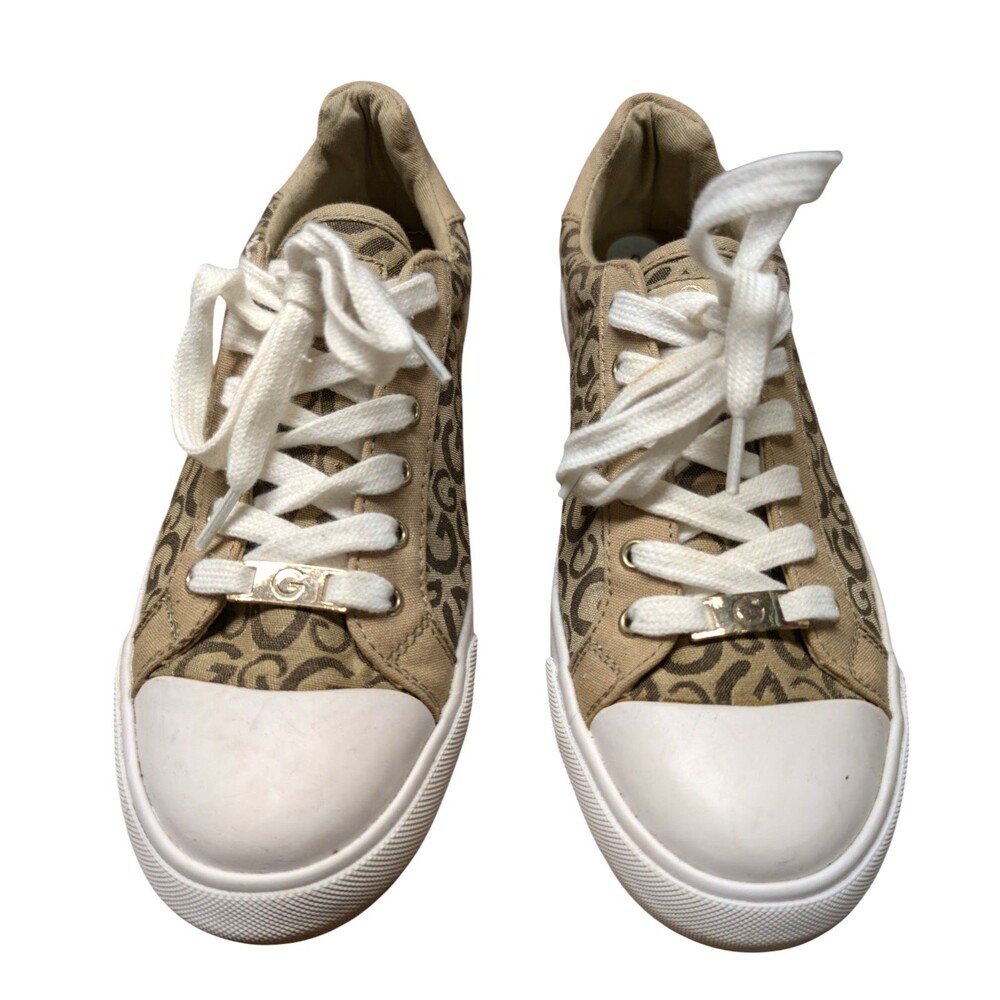 G by Guess Goleex-C Tan Monogram Canvas Sneakers Women's Size 9M White Sole